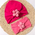 Baby turban hat and headband set featuring cute pink 3D knitted flowers - Rose Red
