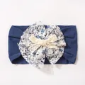 Elastic baby headband in navy blue with floral lace and a handmade knit beige bow - Navy Blue