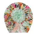 Floral baby turban hat in light green with a large golden dot chiffon flower accessory - Mint Green Floral Style (H)
