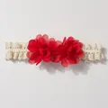 Infant lace headband featuring two elegant red chiffon flowers on ivory elastic band - Red