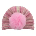 Detail of baby knit hat featuring pink stripes and a large soft faux fur pom-pom ball - Beige and Pink
