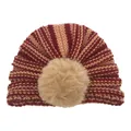 Detailed knit texture of striped baby beanie featuring a large fluffy faux fur pompom - Burgundy+Coffee