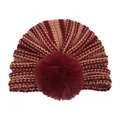 Close-up of red and yellow striped knit pattern with a fluffy dark red pompom - Burgundy