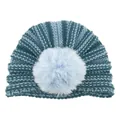 Close-up of baby knit hat featuring light blue vertical stripes and a soft pom-pom - Blue