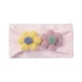 Detailed view of elastic baby headband with soft plush flowers in pink and yellow - Light Pink