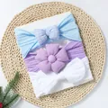 Lot de 3 bandeaux bébé avec nœud à carreaux bleu et fleur violette en nylon extensible - Série Bleu Blanc Violet Style D (Sans Carte)