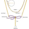 Detail of gold plated stainless steel layered necklace with purple bow and pearl pendant - Purple Bowknot Pearl Double Layer Necklace (NE28390KG)