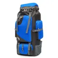 Detail view of the 70L outdoor hiking backpack with durable nylon fabric and side mesh pockets - Blue