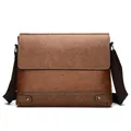 Retro brown leather briefcase messenger bag with adjustable shoulder strap and metal rivets - Tan