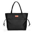 Detail view of black tote bag featuring side drawstrings and orange leather logo patch - Black