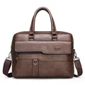 Brown faux leather business briefcase for men with textured finish and crossbody strap - Brown