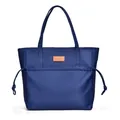 Large dark blue tote bag with drawstring pocket and smooth nylon finish for daily use - Blue