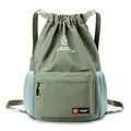 Zaino con coulisse verde salvia impermeabile con tasca frontale e tasche laterali a rete - Verde
