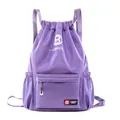 Purple large capacity drawstring sports backpack with front zip pocket and side mesh bags - Light Purple