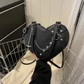 Gothic black heart-shaped handbag with silver metal chains, studs and cross pendant - Black