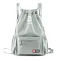 Grey large capacity drawstring backpack with front zip pocket for sports and gym use - Light Green