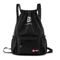 Large capacity black waterproof drawstring backpack with YOBINOQ logo for sports and fitness - Black