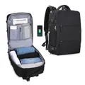 Large capacity black travel backpack with USB port and multiple internal storage compartments - Black