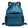 Zaino con coulisse in Oxford blu navy impermeabile con logo e tasche laterali in rete - Blu Profondo