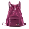Burgundy waterproof drawstring backpack with YOBINOQ logo and side mesh pockets - Deep purple