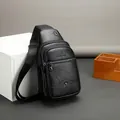 Classic black leather crossbody chest bag for men with multi-zipper layers and耳机孔 design - Black (5804)