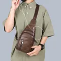 Men's vintage crossbody chest bag in dark brown lychee-patterned PU leather - 5801 Dark Brown