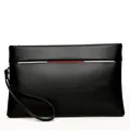 Classic black PU leather men's clutch bag with silver metal bar and red accent - Black