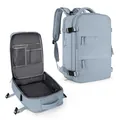 Light blue travel backpack showing 180-degree opening and internal storage compartments - Aqua