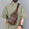 Men's retro brown leather crossbody chest bag with adjustable strap shown on model - 5803 Dark Brown