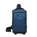 Dark blue men's oxford crossbody chest bag with USB charging port and silver logo - Style 2 Blue