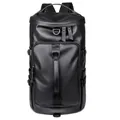 Versatile all-black waterproof PU travel backpack with dry-wet separation and side buckles - Black