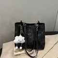 Large black tote bag with silver star-moon patterns and a cute cloud charm accessory - With Pendant / Black