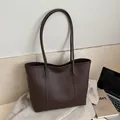 Minimalist coffee brown leather tote bag with long straps for office commute and daily use - Brown