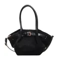 Retro black velvet bucket bag for women with leather handles and gold metal buckle detail - Black