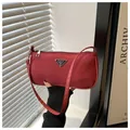 Minimalist burgundy nylon underarm bag with metal plaque and trendy dumpling shape - Red