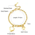 Détail des pendentifs coeur plaqués or 18k avec dimensions précises indiquées en mm - Bracelet Pendentif Double Cœur Chaîne à Billes Doré (BR249501G)