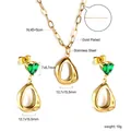 Gold-plated stainless steel jewelry set with irregular charms and green heart crystals - Gold Green Heart Asymmetric Style (SE25580JG)