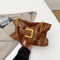Retro pleated soft leather dumpling bag in dark brown with a gold buckle and chain strap - Brown
