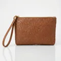 Brown hand-woven leather clutch wallet for men and women with gold zipper and wrist strap - Brown