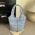 Borsa tote a quadretti bianchi e blu con due tasche frontali e grande capacità interna - Blu
