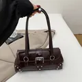 Retro deep brown glossy faux leather underarm bag with silver hardware and buckles - Brown