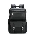 Business black leather laptop backpack with buckle pockets and USB charging port - Black
