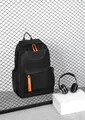 Waterproof black oxford backpack for men with vibrant orange zipper details and side pockets - Black