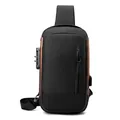 Schwarze Herren Brusttasche mit Diebstahlsicherung und externem USB-Ladeanschluss - Sling-Tasche / Braun