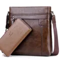 Brown faux leather crossbody chest bag and matching long zipper wallet for men - Brown