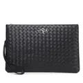 Hand-woven black PU leather envelope clutch with silver kangaroo logo and wristlet strap - Black