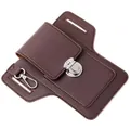 Dark brown leather multi-functional waist phone bag with metal buckle and spring hook - Card Slot Style / Brown