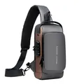 Detail view of anti-theft combination lock and fashion lettering on grey chest bag - Grey Brown