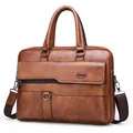 Vintage brown business briefcase in premium lychee texture with crossbody strap - Khaki