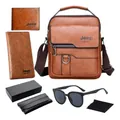 Ensemble sac bandoulière marron avec portefeuilles et lunettes de soleil sur fond blanc - Kaki